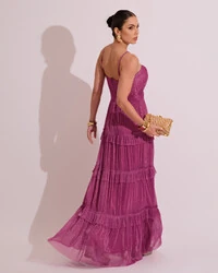 Vestido de Festa Longo Tule com Saia Babado Fúcsia