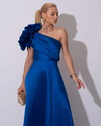 Vestido de Festa Longo Zibeline um Ombro Só Flor Drapeado Azul Royal