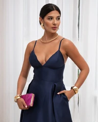 Vestido Longo de Festa Zibeline Decote em V Azul Marinho