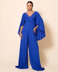 Macacão de Festa Longo Crepe Chiffon com Capa Azul Royal