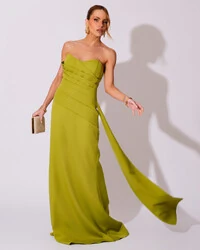 Vestido de Festa Longo Alfaiataria Tomara que Caia Drapeado Faixa Verde Pistache