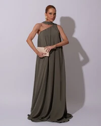 Vestido de Festa Longo Crepe Fluido um Ombro Só com Lenço Verde Oliva