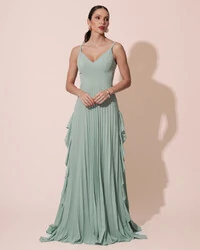 Vestido de Festa Longo Crepe Chiffon Alça Fina Saia Plissada com Babado Cascata Verde Menta