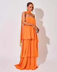 Vestido de Festa Longo Chiffon Crepe em Camadas com Lenço Laranja