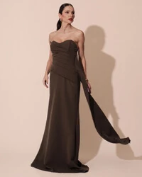 Vestido de Festa Longo Alfaiataria Tomara que Caia Drapeado Faixa Verde Oliva