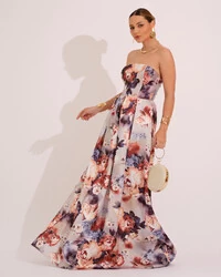 Vestido de Festa Longo em Zibeline Estampado Tomara que Caia Floral