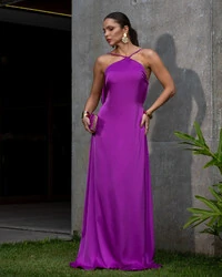Vestido Longo de Cetim com Decote Triangular e Amarração nas Costas Degagê Fúcsia