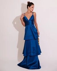 Vestido de Festa Longo Zibeline em Camadas Decote em V com Alças Azul Royal