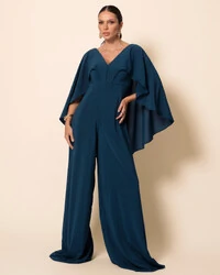 Macacão de Festa Longo Crepe Chiffon com Capa Verde Escuro