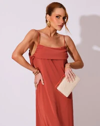 Vestido de Festa Longo Crepe Chiffon Costas Lenço Cauda Terracota