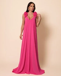 Vestido de Festa Longo Crepe Chiffon Fluido Decote em V Flores Pink
