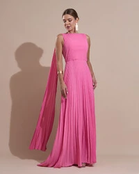 Vestido de Festa Longo Crepe Chiffon Plissado com Lenço nas Alças Rosa