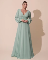 Vestido de Festa Manga Longa com Cintura Drapeada Decote Verde Menta