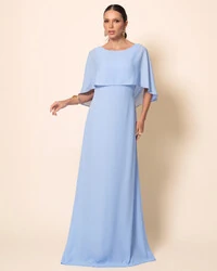 Vestido de Festa Longo Crepe Chiffon com Capa e Degagê nas Costas Azul Serenity