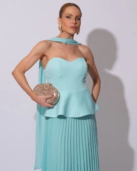 Vestido de Festa Longo Alfaiataria Tomara que Caia Saia Plissada e Lenço Tiffany