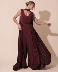 Macacão de Festa Longo Crepe Pantalona Plissado e Lenço Marsala