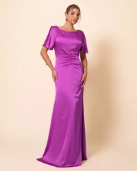 Vestido de Festa Longo Cetim Fluido Manga Curta Drapeado Fúcsia