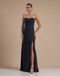 Vestido de Festa Longo Tomara que Caia Alfaiataria Azul Marinho Escuro