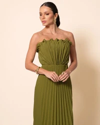Vestido de Festa Longo Tomara que Caia Plissado Detalhe Verde Oliva New