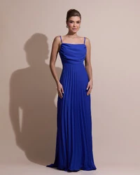 Vestido de Festa Longo Crepe Chiffon Plissado Trançado e Lenço Azul Royal