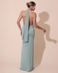 Vestido de Festa Longo Malha Jersey Gola Alta Saia Sereia Verde Menta