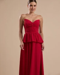 Vestido de Festa Longo Crepe Chiffon Tomara que Caia Peplum Drapeado Vermelho