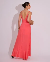Vestido Midi Babado Acetinado Coral