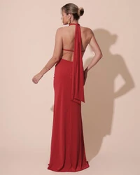 Vestido de Festa Longo Malha Jersey Gola Alta Saia Sereia Vermelho Escuro