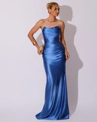 Vestido de Festa longo Cetim Malha Metálico Tomara que Caia Detalhe Drapeado Azul