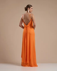 Vestido de Festa Longo Crepe Chiffon Costas Lenço Cauda Laranja