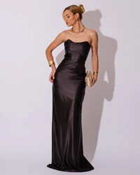 Vestido de Festa longo Cetim Malha Metálico Tomara que Caia Detalhe Drapeado Preto