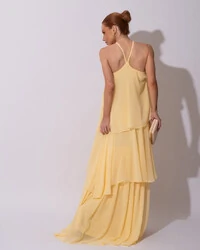 Vestido Longo Crepe Chiffon Babado em Camadas Amarelo Manteiga