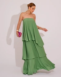 Vestido de Festa Longo Tomara que Caia em Camadas Verde Claro
