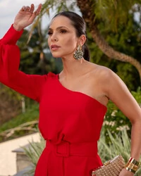 Vestido de Festa Longo de Ombro Único com Manga Longa e Fenda Vermelho