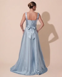 Vestido de Festa Longo Zibeline Cristal com Fenda e Faixa Azul Serenity