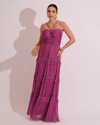 Vestido de Festa Longo Tule com Saia Babado Fúcsia