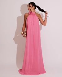 Vestido Longo Crepe Chiffon Frente Única Fluido Flor Removível Rosa