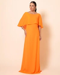 Vestido de Festa Longo Crepe Chiffon com Capa e Degagê nas Costas Laranja