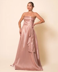 Vestido de Festa Longo Cetim Cristal Tomara que Caia Detalhe Mocha Mousse