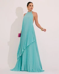 Vestidos de Festa Longo Chiffon Fluido Frente Única Plissado Duplo Tiffany