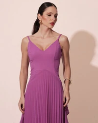 Vestido de Festa Longo Crepe Chiffon Alça Fina Saia Plissada com Babado Cascata Fúcsia