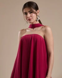 Vestido de Festa Longo Chiffon Crepe em Camadas com Lenço Cereja