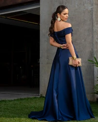 Vestido de Festa Longo Zibeline Ombro a Ombro com Fenda Azul Marinho