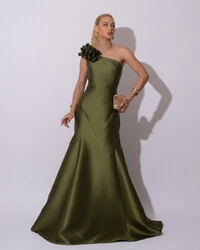 Vestido de Festa Longo Zibeline um Ombro Só Flor Removível Saia Sereia Verde Oliva