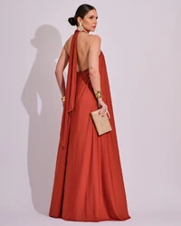 Vestido Longo com Amarração em Malha Terracota