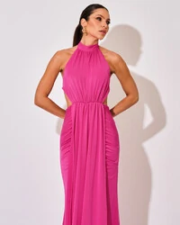 Vestido de Festa Longo Malha Jersey Gola Alta Saia Sereia Pink