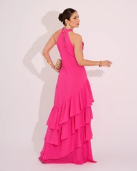 Vestido de Festa Longo Decote Halter com Babados Pink