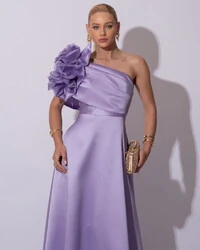 Vestido de Festa Longo Zibeline um Ombro Só Flor Drapeado Lilás