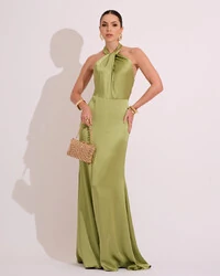 Vestido de Festa Longo em Cetim Alfaiataria com Elastano Frente Única Verde Lima