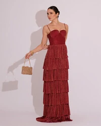 Vestido de Festa Longo Tule Glitter com Camadas Marsala